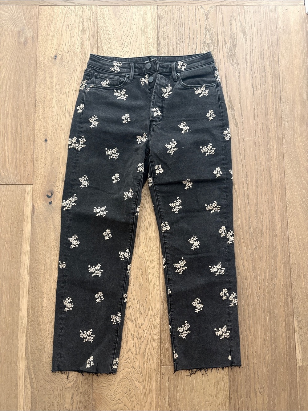 DRIFTWOOD Black Cropped Jeans with White Floral Embroidery